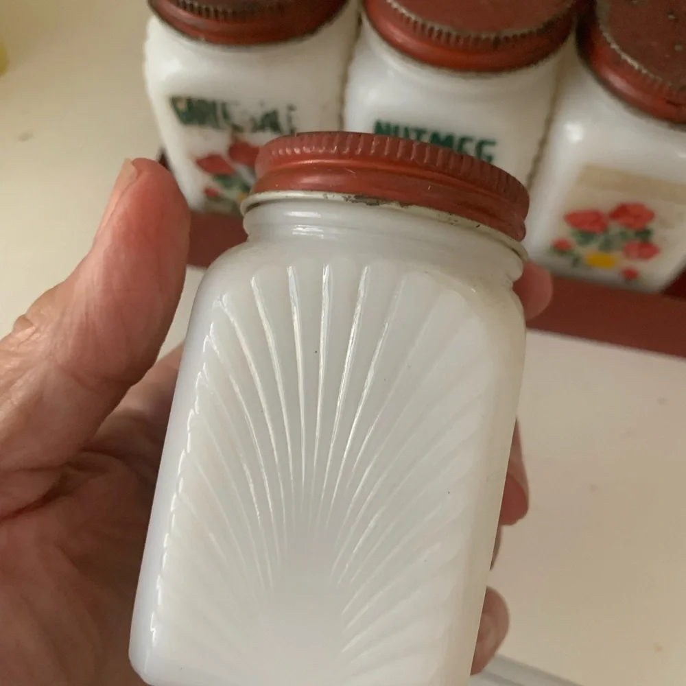 Vintage Milk Glass Spice Jars on Stand - Picture 3 of 10